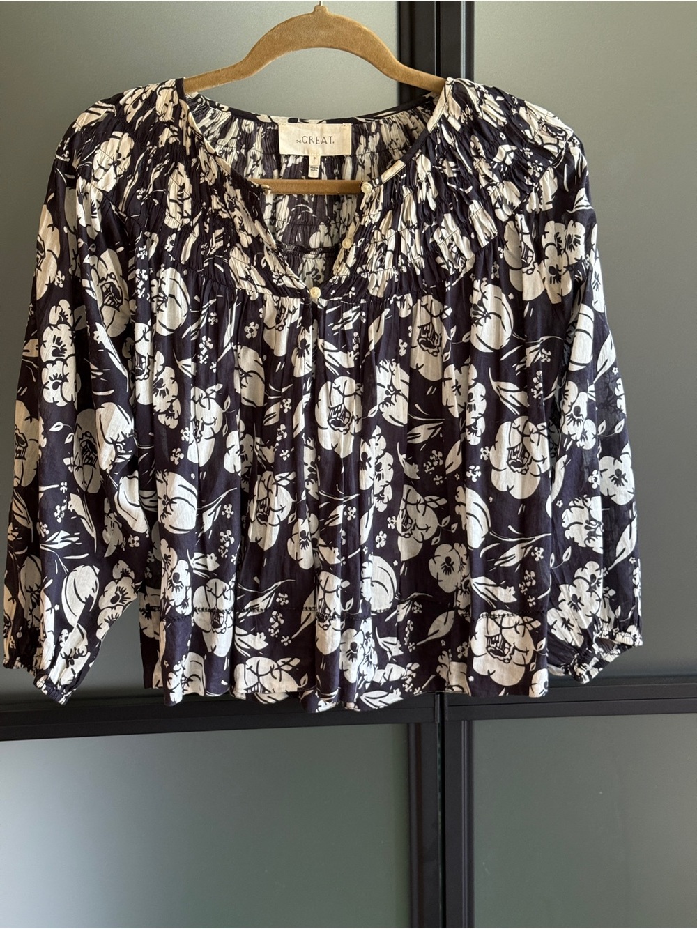 THE GREAT. Black and White Floral Peasant Top. 3/4 balloon sleeves.
